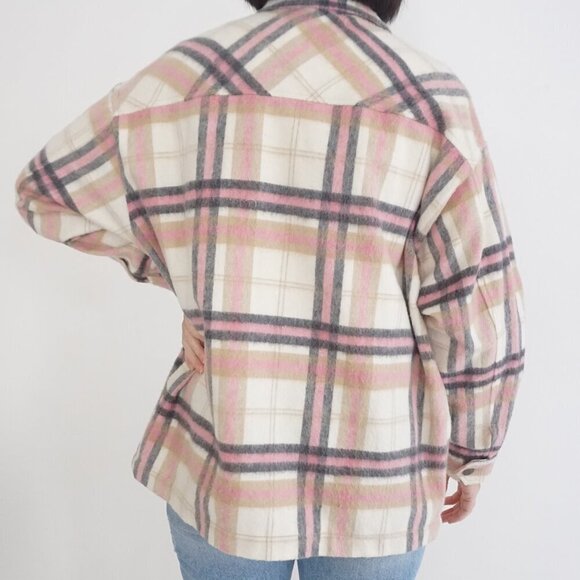 Zara Pink Cream Plaid 20% Wool Button Up Shacket Shirt S - Picture 3 of 12